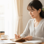 自分のキャリアを見つめ直し、前向きな表情で就職活動の計画を立てる女性