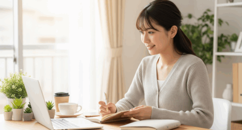 自分のキャリアを見つめ直し、前向きな表情で就職活動の計画を立てる女性