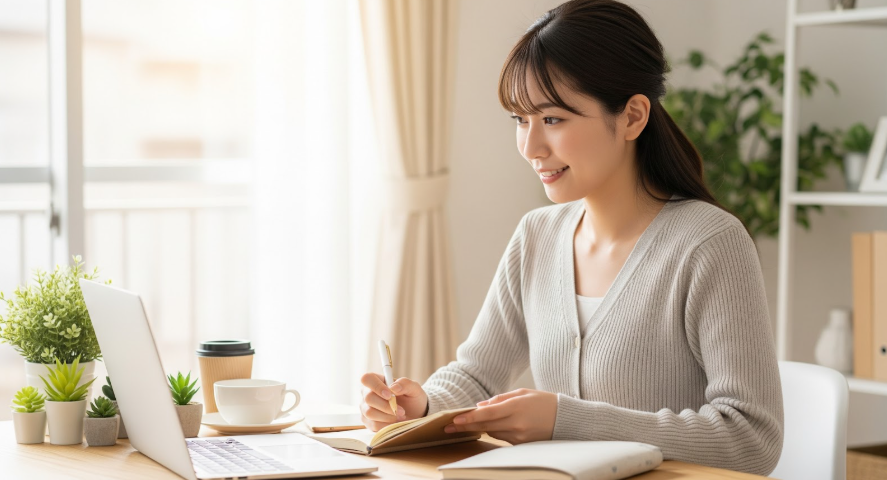 自分のキャリアを見つめ直し、前向きな表情で就職活動の計画を立てる女性