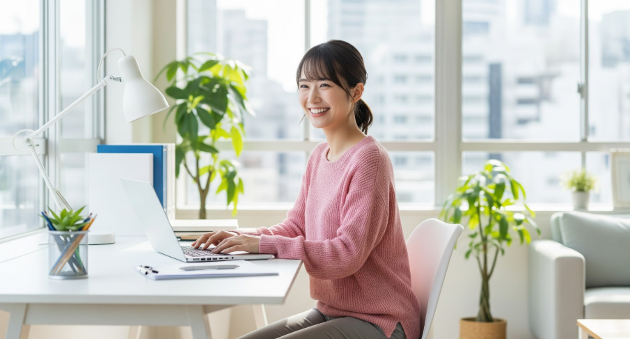 明るい部屋で在宅勤務を楽しむ女性