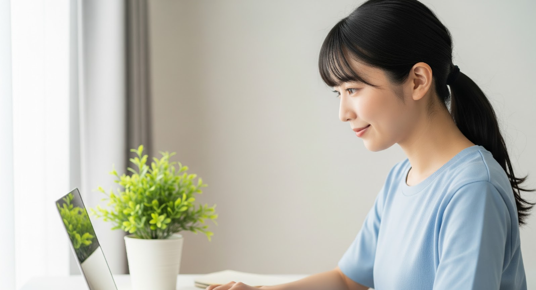 自宅の明るいデスクで、女性がノートパソコンを開き、新しいことを始める瞬間の、希望に満ちた横顔
