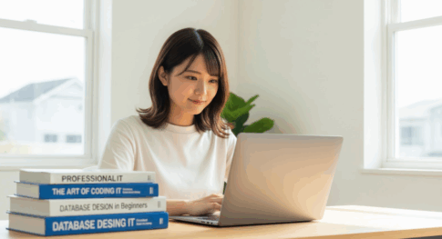 自宅の明るい書斎でノートパソコンに向かい、真剣ながらも希望に満ちた表情で画面を見つめている女性