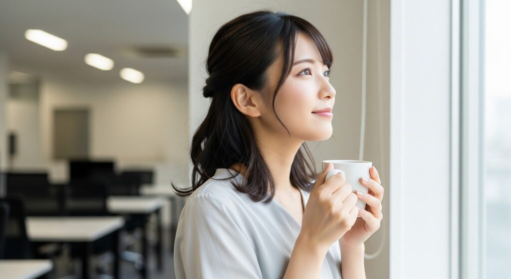 明るいオフィスの窓際で、女性が少し考え事をしながらも、希望に満ちた表情でマグカップを持って立っている