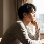 自室の窓際席で少し考え込んでいる男性