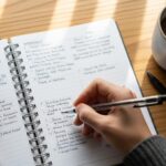 デスクの上で、手帳に見やすい文字で一日のスケジュールや体調に関するメモを書き込んでいる手元