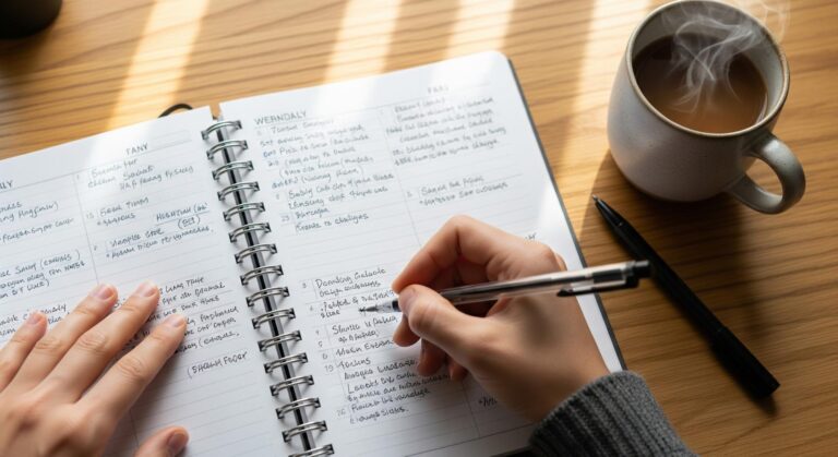 デスクの上で、手帳に見やすい文字で一日のスケジュールや体調に関するメモを書き込んでいる手元