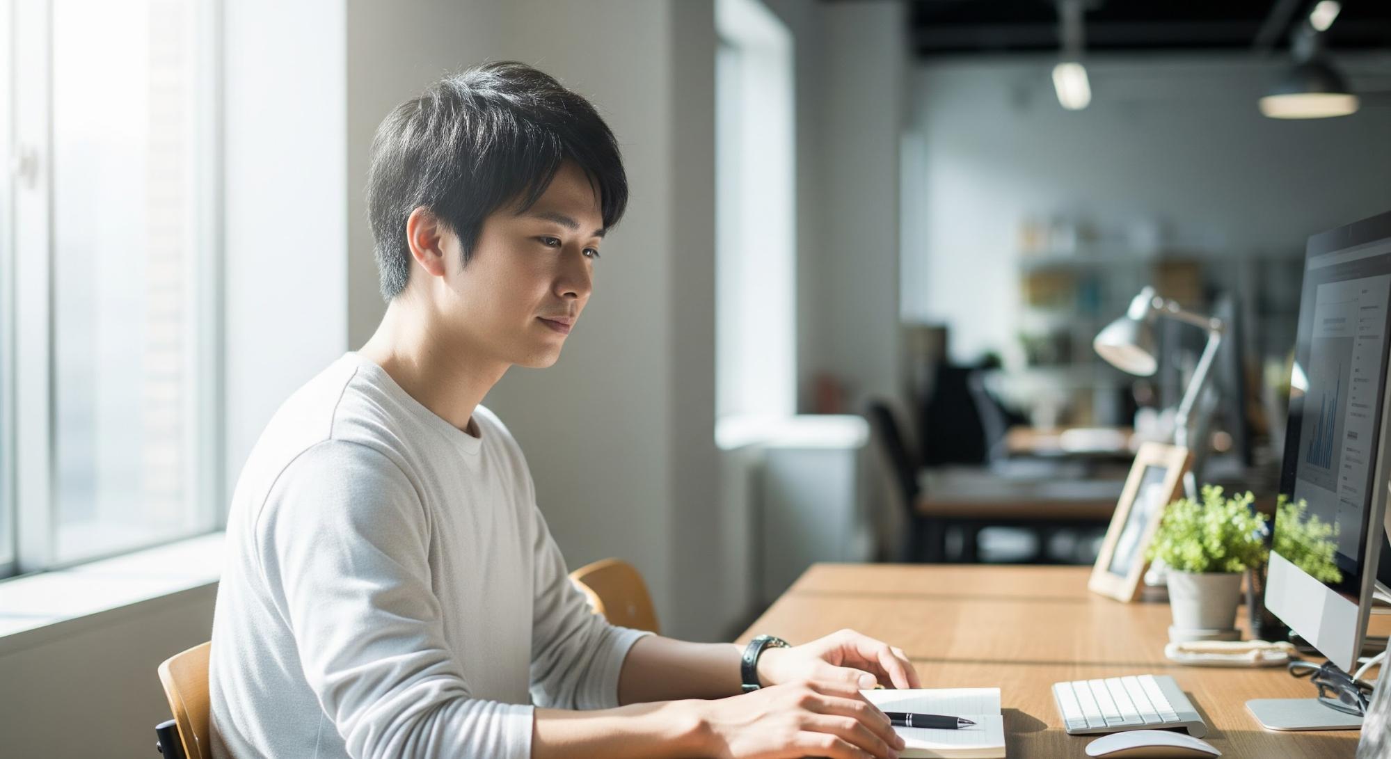 明るい自然光が差し込むオフィスで、デスクに向かう男性