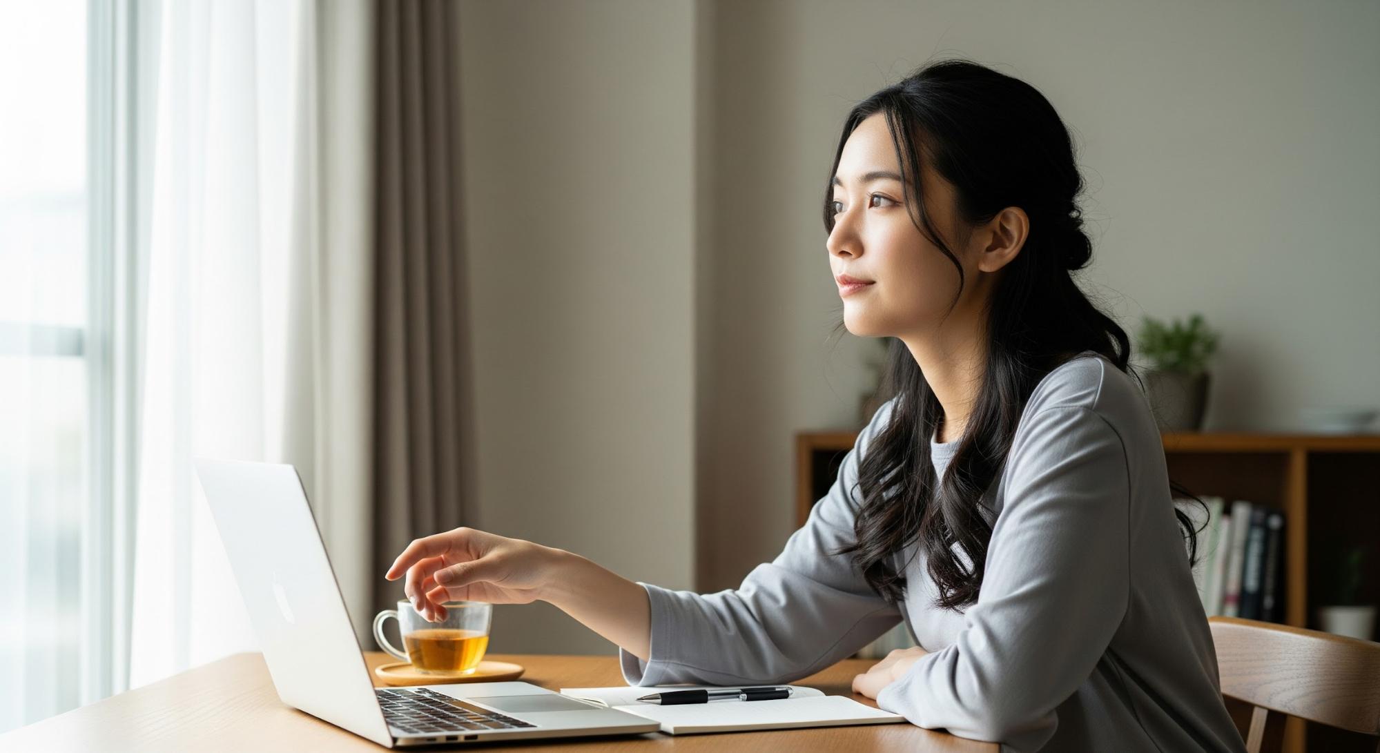 柔らかな自然光が差し込む静かな部屋で、デスクに向かう女性