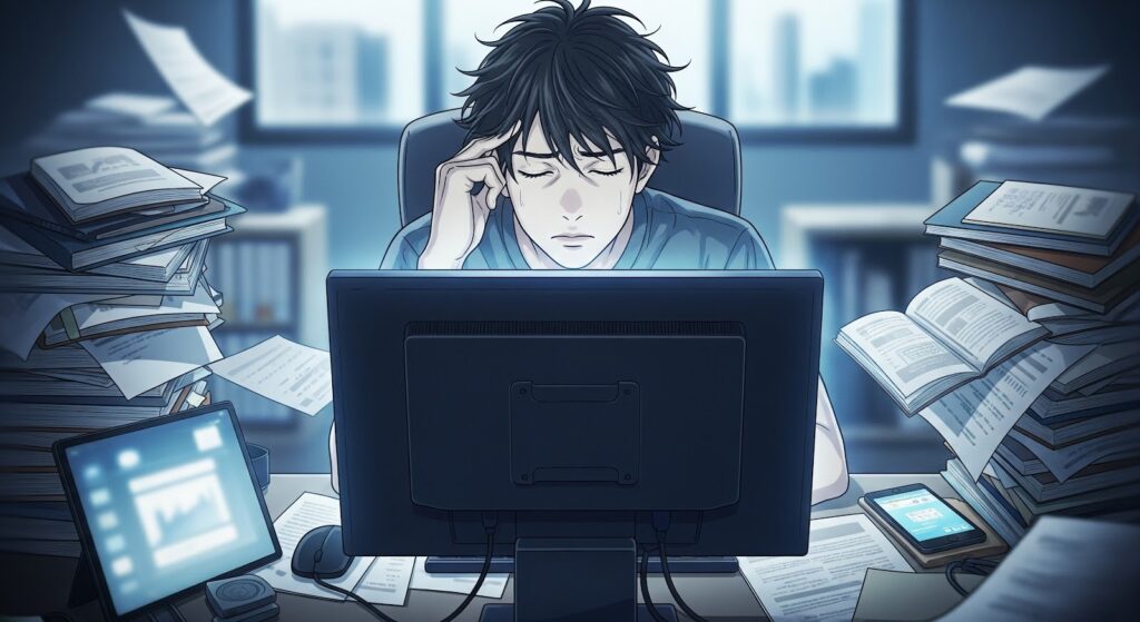 デスクでこめかみに手を当て、静かに目を閉じている男性