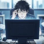 デスクでこめかみに手を当て、静かに目を閉じている男性