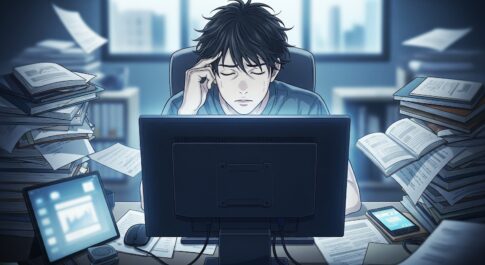 デスクでこめかみに手を当て、静かに目を閉じている男性