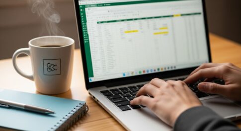 ノートパソコンの画面にExcelの表が映し出されており、そのキーボードをタイピングする手元のクローズアップ写真