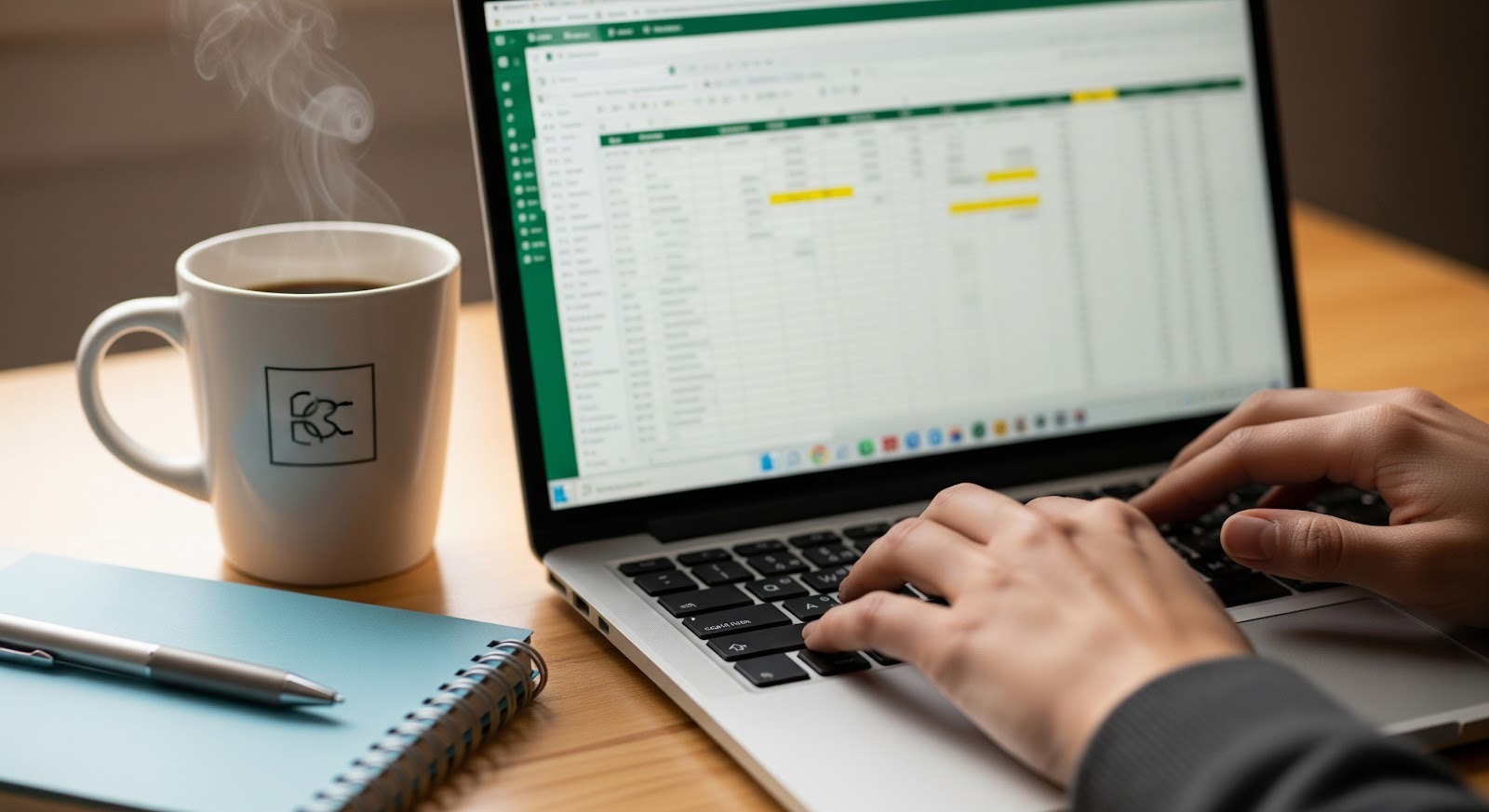 ノートパソコンの画面にExcelの表が映し出されており、そのキーボードをタイピングする手元のクローズアップ写真