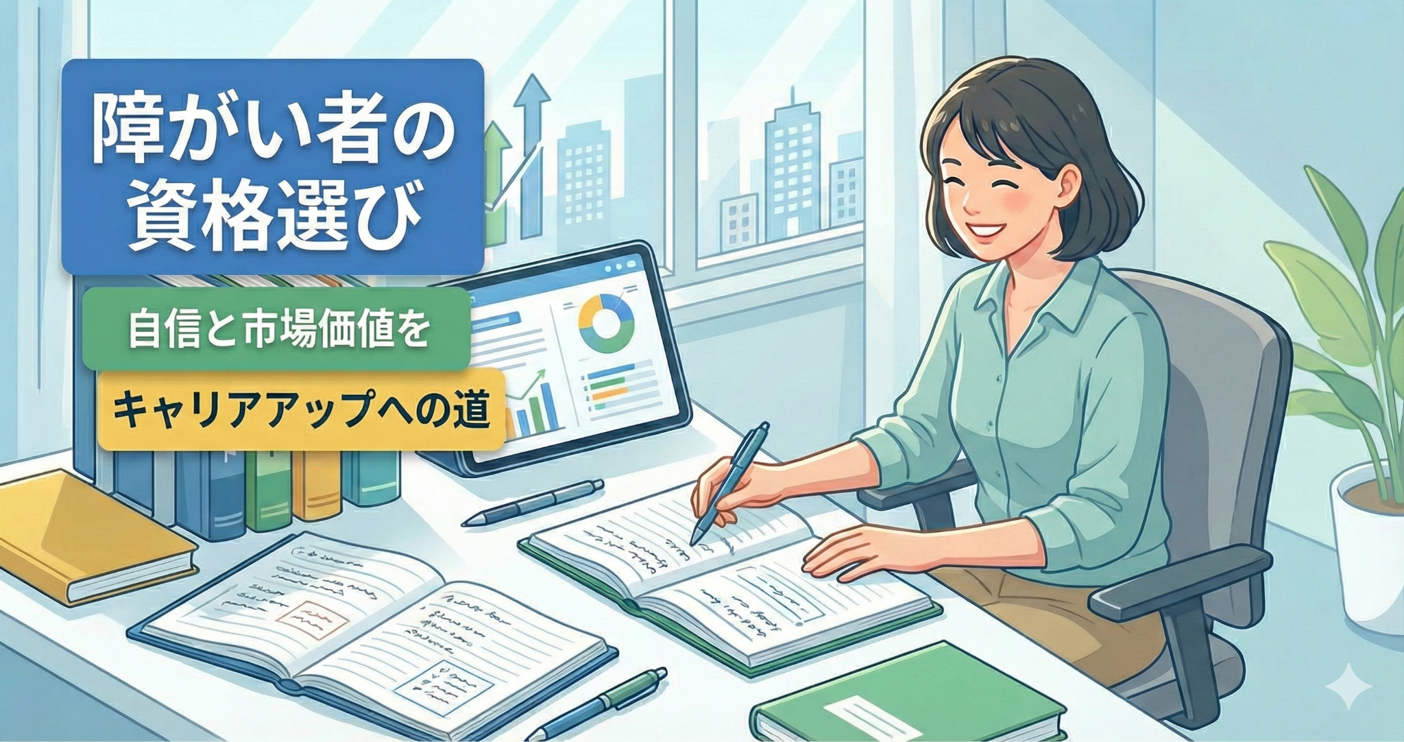 女性が、資格のテキストやノート、ペンが置かれた明るいデスクに向かい、未来に希望を感じて微笑んでいる様子。